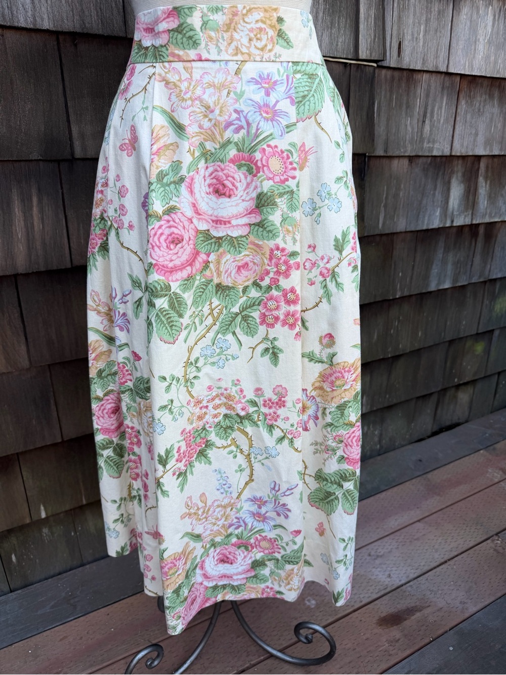 Vintage floral Cream Midi Skirt with Pink Rose Print Sz Medium custom made